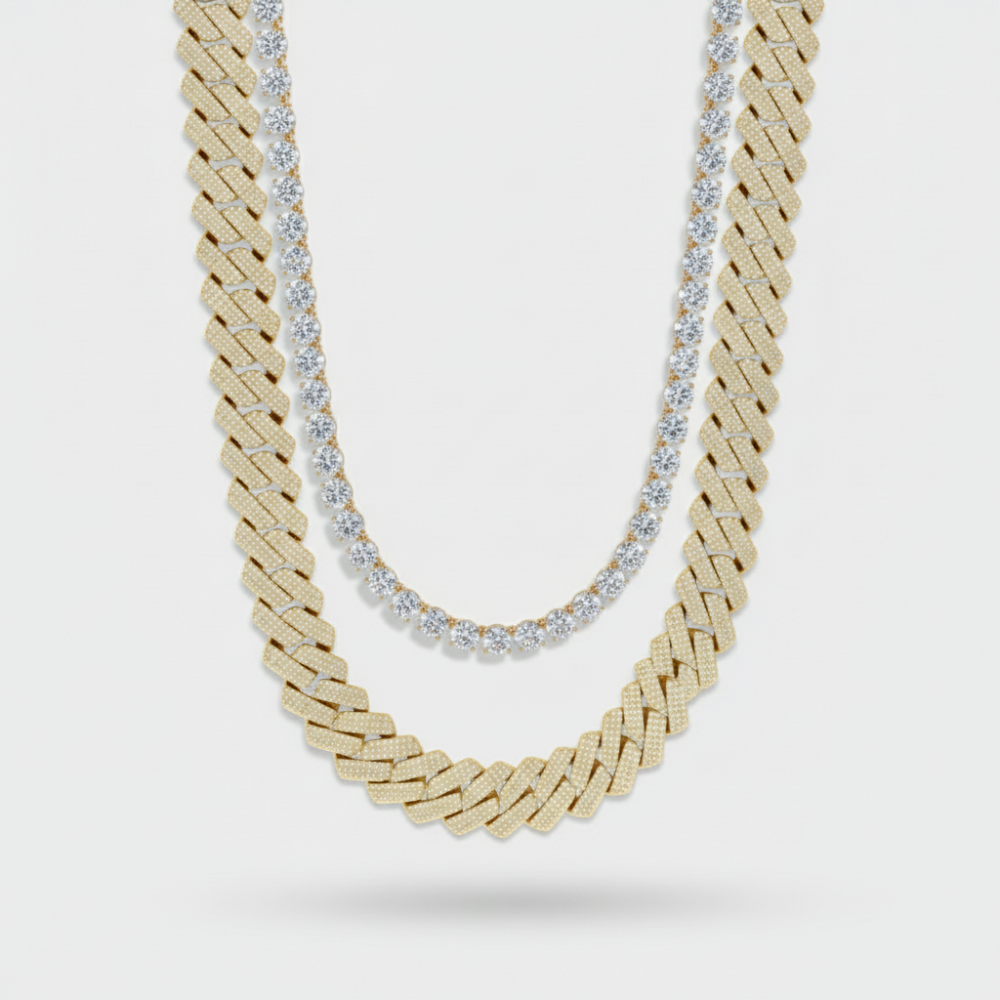12mm Iced Cuban + 5mm Tennis Chain Stack
